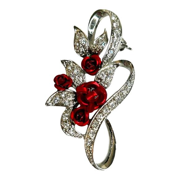 Vintage Red Roses Silver Tone Sparkly Rhinestones Gorgeous Brooch - Picture 2 of 6
